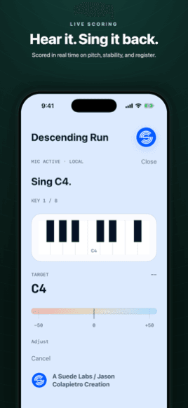 Suede Sing iOS app: hearing a reference note and singing it back